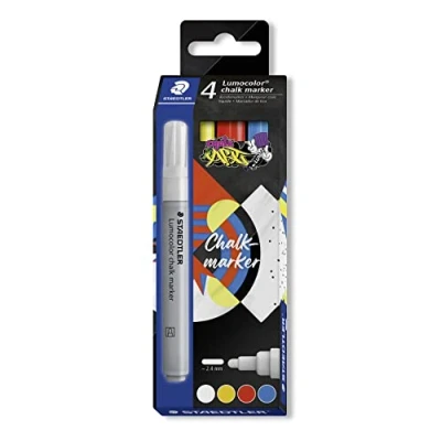 Imagen de Staedtler Lumocolor 344 C4 Rotulador de tiza (opaco, borrado en húmedo, punta redonda, ancho línea aprox. 2,4 mm, alto brillo, 4 rotuladores colores surtidos)
