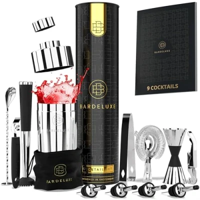 Imagen de BarDeluxe® Kit de Cocteleria 12 Piezas, Set Profesional, Juego Coctelera, Cocktail Coctelera 750 ml, Coctelería Elegante Caja Regalo, Bolsa (Plata)