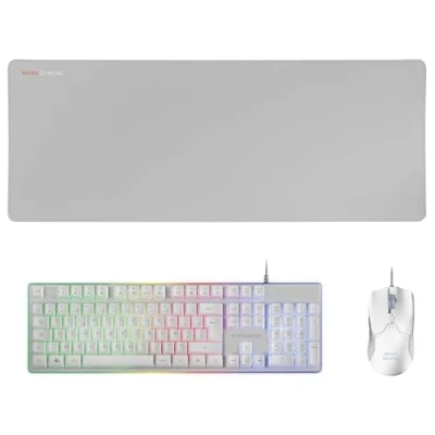 Imagen de Mars Gaming MCPXWFR, Combo Teclado H Mech FRGB, Ratón Ultraligero 10000DPI y Alfombrilla XXL, Blanco, Idioma Francés