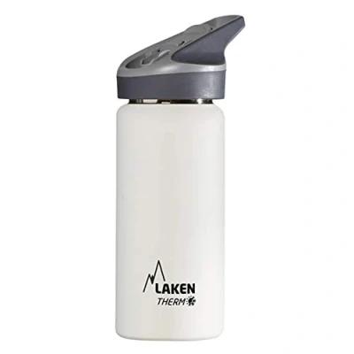 Imagen de Botella de Agua Térmica al Vacío Acero Inoxidable Doble Pared Laken (0,50L Blanco) Tecnología 24 Horas Frío Ideal para Trabajo o Deporte Cierre Hermético y Uso Vertical