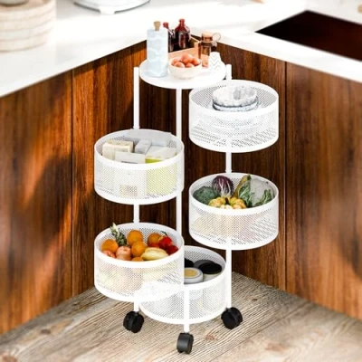 Imagen de locwanot Cuencos para frutas y verduras cocina, estante de almacenamiento giratorio, cesta giratoria circular 3/4/5 niveles, grande con ruedas, alambre