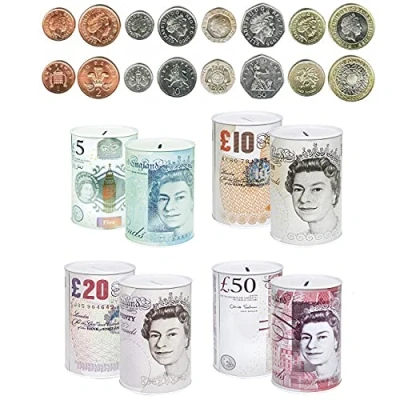 Imagen de 1 Lata de Dinero con Billete Ley Hucha, Moneda, Efectivo, Ahorro, Caja Dinero, cumpleaños, Vacaciones y Fondos Navidad (1 aleatoria)
