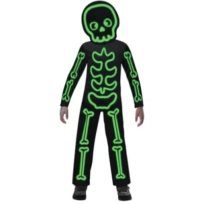 Imagen de amscan 9907098 disfraz infantil de esqueleto luminoso, para niños y niñas, brilla en la oscuridad, cuerpo entero, carnaval, fiesta temática, Halloween
