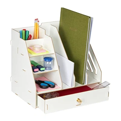 Imagen de Relaxdays Organizador Escritorio 3 Compartimentos A4, Baldas, 2 Portalápices, 1 Cajón, Oficina, MDF, Color Blanco, Tablero de Fibras, 29,5 x 33 24 cm