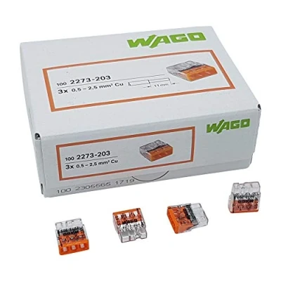 Imagen de 100 unidades Wago 2273 203 COMPACT borne para caja de conexiones Ø 0,5 2,5 mm², 3 polos, transparente/naranja