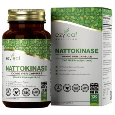 Imagen de Ezyleaf Nattokinase 100mg 2000 FU 120 Cápsulas Veganas Enzima de Proteína Natto Japonés Sin Ingredientes Artificiales Certificado ISO, Vegano, Lácteos, Gluten ni OGM Hecho en el RU