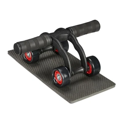 Imagen de Relaxdays Rodillo 4 Ruedas, Entrenador Abdominales para Casa, Ruedita Fitness con Esterilla, Negro/Rojo, Gomaespuma, 11,5x29,5x21,5cm