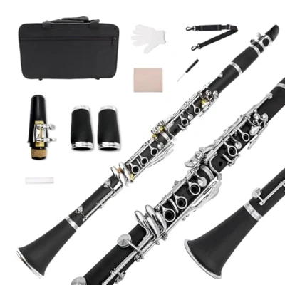 Imagen de Yinfente B Flat Clarinete de madera ebonita 2 barriles con estuche tela, accesorios cañas ébonita para principiantes, teclas fuertes y niqueladas, fácil soplar hacer un sonido