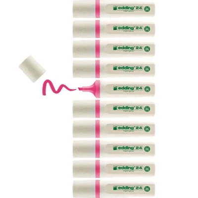 Imagen de edding 24 EcoLine highlighter rosa 10 rotuladores punta de cincel 2 5 mm para marcar y resaltar textos notas forma rápida sencilla recargable, material reciclable