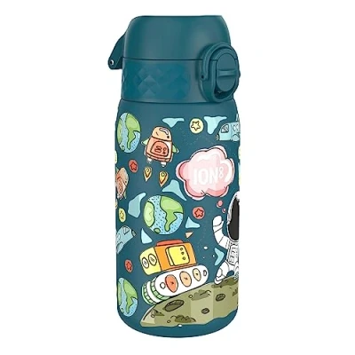 Imagen de ION8 Botella Agua Inox Ligero para Niños, 400ml, Sin Aislamiento, a Prueba de Fugas, Fácil Abrir, Cerradura Segura, Apta Lavavajillas, Limpiar, Diseño Hombre Espacial