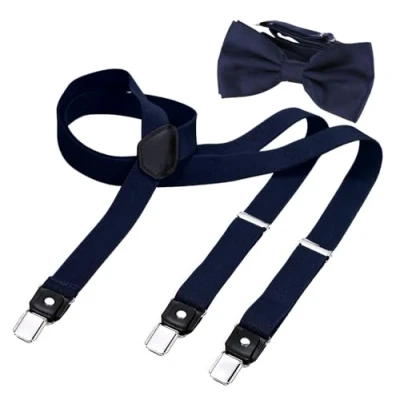 Imagen de DonDon Conjunto de tirantes estrechos y pajarita para hombre, forma Y, ancho 2,5 cm, hecho a mano Elegante accesorio boda, fiesta, smoking Azul noche oscuro