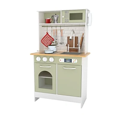 Imagen de Teamson Kids Little Chef Boston Modern Farmhouse Juego de Cocina Madera con Funciones interactivas y 9 Accesorios Juego, Verde Claro/Blanco TD 12679E