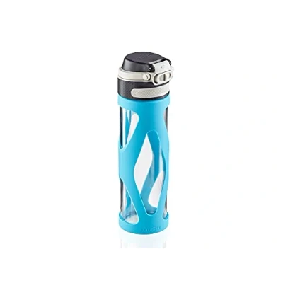 Imagen de Leifheit botella de cristal Flip 600 ml, reutilizable y hermética, se abre con una mano, deportiva sin BPA, filtro, azul claro