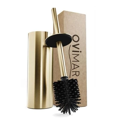 Imagen de ovimar Escobilla para inodoro Hou Silicona Oro de Acero Inoxidable con Tapa l Independiente baño e invitados cabezal intercambiable Diseño Silvolles