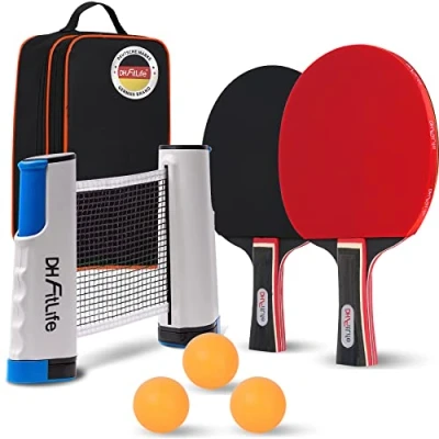 Imagen de DH FitLife juego de raquetas ping pong para 2 jugadores con red móvil extensible, 3 pelotas pong, raquetas, incluye bolsa almacenamiento, cada mesa,