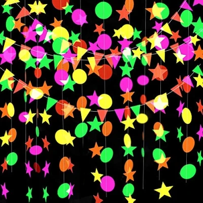 Imagen de GLOBALDREAM Guirnalda de Papel Neón, 4,4m Puntos Circulares Guirnaldas Estrellas Neón Banderas Triangulares para Decoraciones Bodas Fiesta Cumpleaños