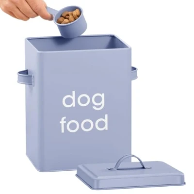 Imagen de Navaris Contenedor Comida Perro Set 1x Caja Pienso de Metal y Pala Medidora para Almacenaje Mascotas Perros con Asa Tapa Azul