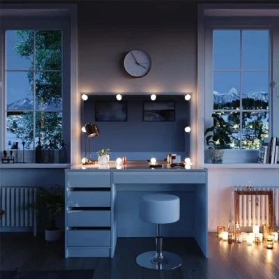 Imagen de Vicco Tocador Sherry, Blanco/Oro, 120 cm con iluminación LED y Taburete