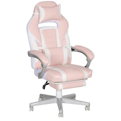 Imagen de HOMCOM Silla Gaming Gamer Reclinable con Altura Ajustable Reposapiés Retráctil Soporte Lumbar y Reposacabezas Desmontable para Oficina Estudio Rosa