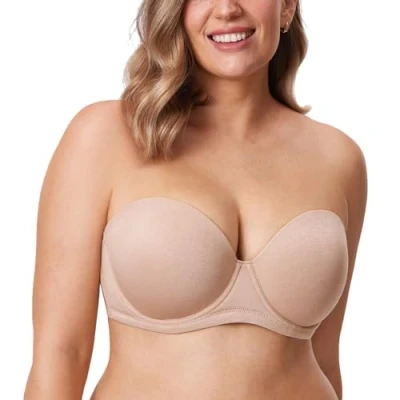 Imagen de DELIMIRA Sujetador sin Tirantes con Aros Tallas Grandes Invisible Multiposicion para Mujer Brezo de Avena 95D