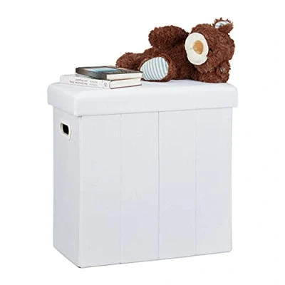 Imagen de Relaxdays Puff Almacenaje Plegable con Tapa, Poliéster, Blanco, 49,5 x 46 25,5 cm
