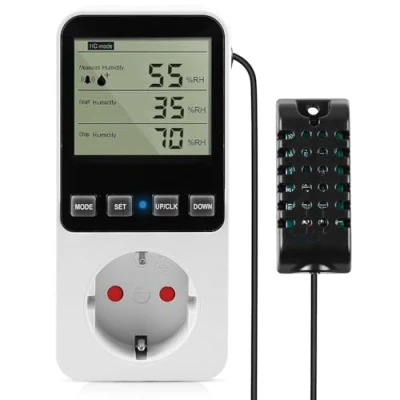 Imagen de Regulador de temperatura y humedad 230 V con sonda Termostato digital Hygrostat enchufe, temporizador, alarma controlador para invernadero, acuario, terrario cultivo hongos