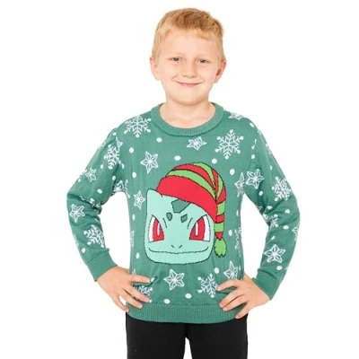 Imagen de Pokémon Jersey de Navidad, Suéter Punto con Cuello Redondo para Niños y Adolescentes (Verde, 13 14 Años)