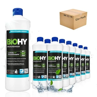 Imagen de BiOHY Limpiador básico (12 botellas de 1 litro) contra la suciedad persistente limpia todas las superficies resistentes al agua y ácido poderoso concentrado (Grundreiniger)