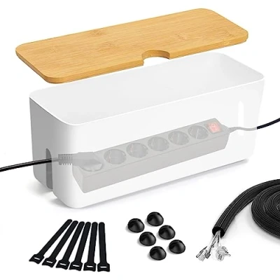 Imagen de Lannvan Caja Organizadora de Cables con Tapa Bambú para Ocultar, Guardar y Recoger Regletas Mesa Escritorio Blanco