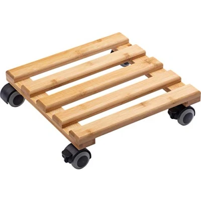 Imagen de Metafranc 825340 rodillo para plantas (300 x 300 mm, capacidad de carga 60 kg, placa bambú, aspecto madera natural, ruedas TPE con 4 bloqueos, interiores, flores, ayuda el transporte