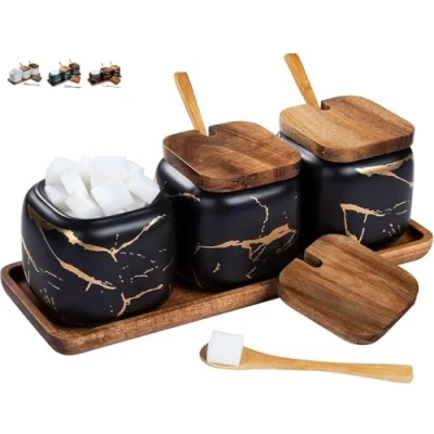 Imagen de Juego de tarros especias, 3 unidades, azucarero cerámica con tapa y cuchara bambú para casa cocina, alternativa al especiero cocina mesa comedor, diseño mármol negro