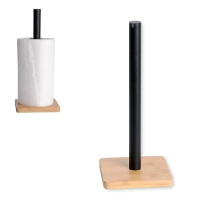 Imagen de KOOK TIME Portarrollos de Cocina Soporte para Rollo Papel con Base Bambú y Metal Negro Mate, Vertical, Ideal tu Cocina, 14x14x33 cm.