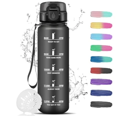 Imagen de Botella Agua Gimnasio 1l Prueba de Fugas, Deportiva, con Marcador Tiempo, Cantimplora Motivación, Water Bottle para Oficina, Gym, Adulto, Bicicleta