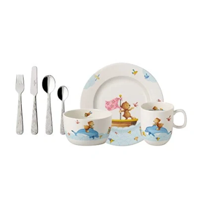 Imagen de Villeroy &amp; Boch Happy as a Bear, 7 piezas Servicio de mesa infantil, Porcelana Premium/Acero inoxidable, Apto para lavavajillas, Blanco/colorido
