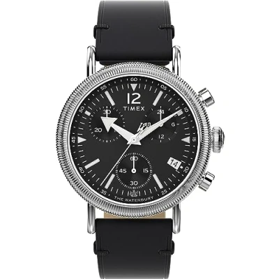 Imagen de Timex Waterbury Chronograph Reloj de 40 mm para hombre, correa cuero negro liberación rápida dos piezas, esfera negra, caja en tono plateado TW2W20600