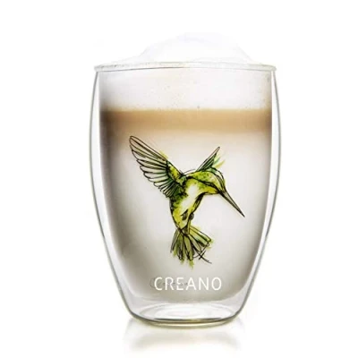 Imagen de Creano Vaso Térmico Hummi, de Té Doble Pared, Latte Macchiato, Taza Térmica con Impresión Pajaro Colibri 250ml en Caja Regalo Exclusiva, Verde