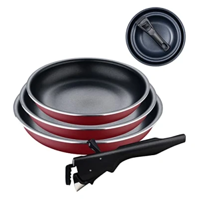Imagen de Bergner Click&amp;Cook Red Edition Juego de Sartenes 4 Piezas 18, 20 y 24 cm + Mango Ergonómico Extraíble Aluminio Prensado Antiadherente Para Todo Tipo Cocinas Horno