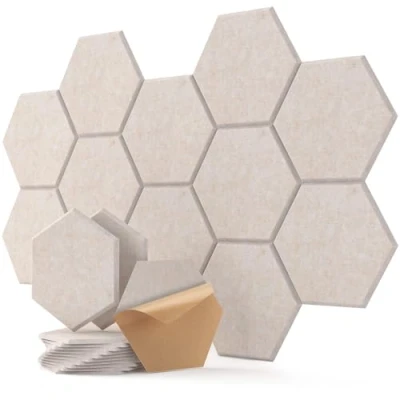 Imagen de Hexagon Paneles acústicos autoadhesivos (12 unidades, espuma acústica, aislamiento acústico, alta densidad, para decoración de pared y tratamiento 30 x 26 0,9 cm), color beige