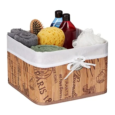 Imagen de Relaxdays Almacenaje Estampado, Bambú y Poliéster, 20 x 31 cm, Cesta con Asa, Caja Estante, Natural Blanco, Acero