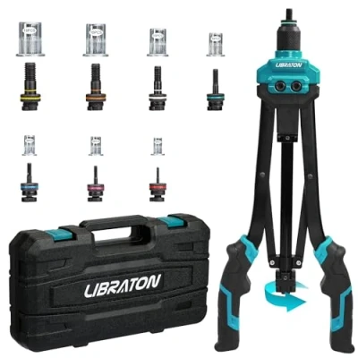 Imagen de LIBRATON Remachadora de Tuercas, 16&quot; Pistola Tuercas con 7 Mandriles Métricos, 70 Piezas Remachables, Profesional, Diseño Tuerca Liberación Automática, Caja