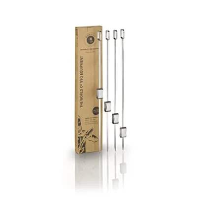 Imagen de Buddy&#039;s BBQ Pinchos para barbacoa, brochetas carne, reutilizables, 4 brochetas, 41,5 cm de longitud, acero inoxidable, material plano, con mango anillo, deslizador
