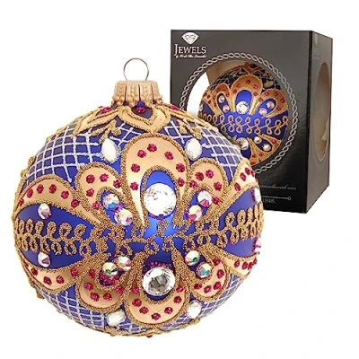 Imagen de Krebs Glas Lauscha Decoración navideña de cristal Bolas Navidad Color: azul Decorado con brillantes Tamaño: 8 cm