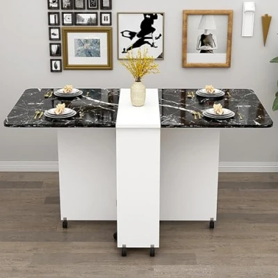 Imagen de Mesa de Comedor Plegable Móvil, Hoja Abatible con 6 Ruedas, Versátil Extensible 2 Estantes Almacenamiento Abiertos, Cocina Rodante para Trabajo ( Color
