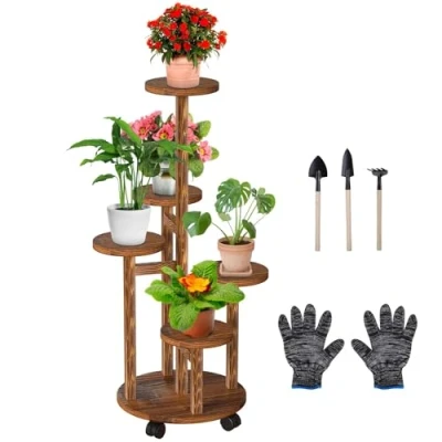 Imagen de Wuciray Estanteria para Plantas Madera 5 Niveles Soporte Interior Macetas con Ruedas Jardín