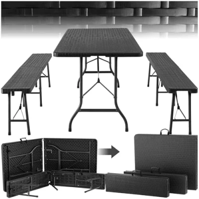 Imagen de TecTake® Juego de Mesa Plegable 3 Piezas, Set Camping con 2X Bancos, Jardín Exterior, Estructura Acero, Topes en Patas, Fácil Montaje, Ideal Acampadas, Jardín, Terraza, Picnic Negro