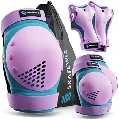 Imagen de SKATEWIZ Protecciones Patines niña Skate niño Rodilleras y Coderas Protectores de Rodillas para Patinaje Smash Talla S Azul Púrpura