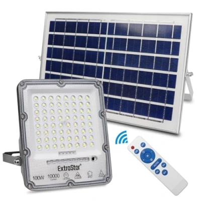 Imagen de EXTRASTAR Foco Proyector LED Solar 100W con Mando a Distancia, Luz Blanca Fría 6500K, 10000Lm, Resistente al Agua IP67, para Exterior, Jardín, Patio, 1Pc