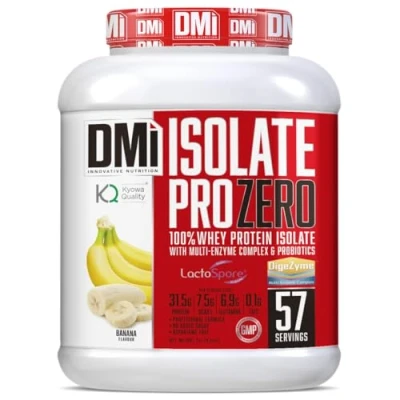 Imagen de DMI proteína ISOLATE PRO ZERO para Recuperación y Desarrollo Muscular 100% Aislado de suero con DigeZyme® LactoSpore Sin Azúcares Añadidos (2 Kg, Plátano)