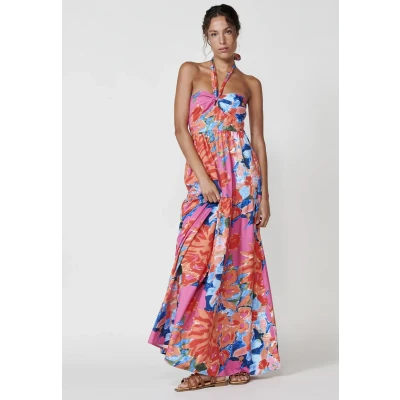 Imagen de Vestido largo con escote halter lazado y espalda descubierta fruncida Estampado floral Placa logo Koröshi color Multicolor para Mujer