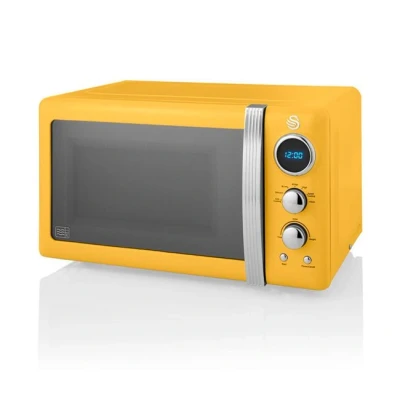 Imagen de Swan Retro SM22030YELNEU Microondas Digital 20L, 5 Niveles de Potencia, Función Descongelación, Temporizador 60 Minutos, Puerta Espejo, Plato Giratorio 27 cm, Amarillo, 800W